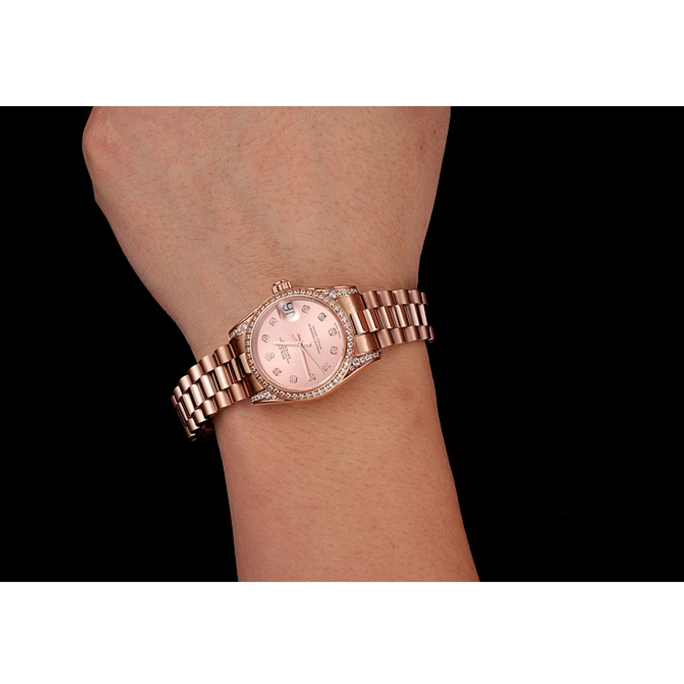 AAA replica watch Diamond DateJust Gold Rose 1453977 Rose Swiss Case Rolex Dial Gold Bracelet 0724